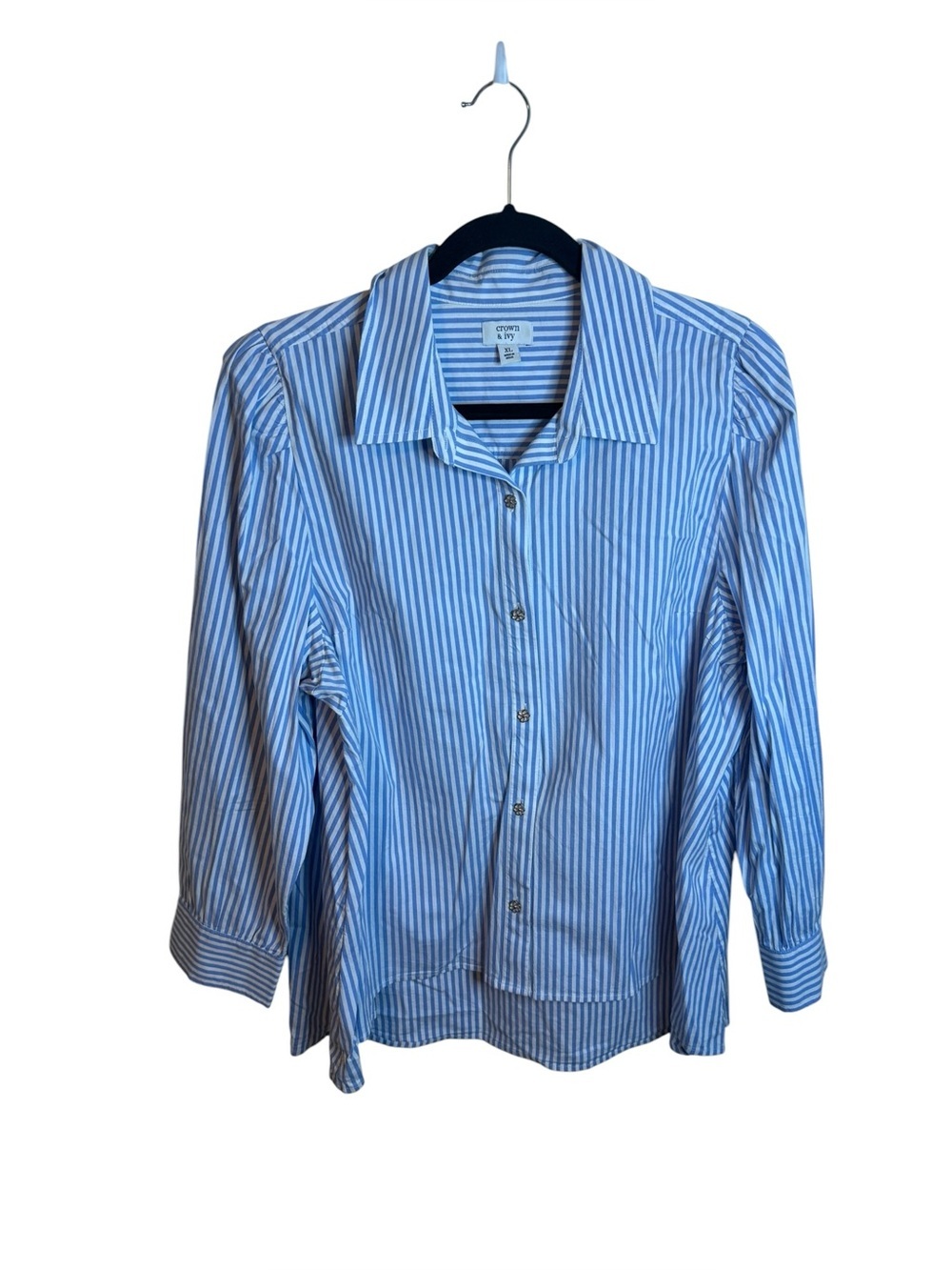 Crown & Ivy Blue and White Striped Puff Sleeve Oxford Button Down